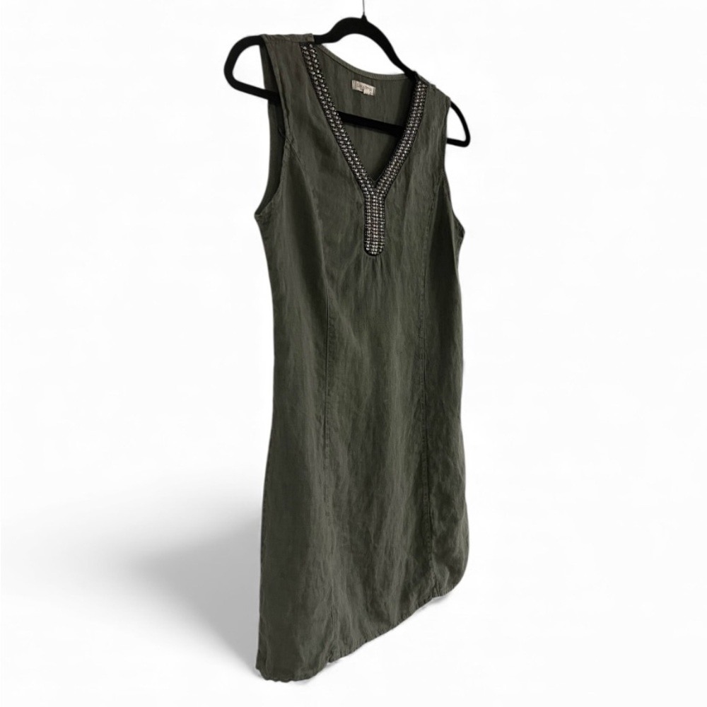 Lina Tomei Sleeveless Olive Green 100% linen Dress with Beaded Neckline - Picture 3 of 5